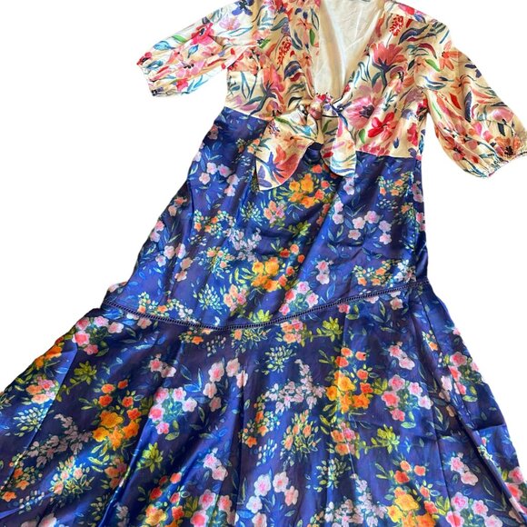 Hope & Ivy Maternity Tie Front Midi Tea Dress Satin Contrast Floral Size 14 NWOT - Picture 7 of 13